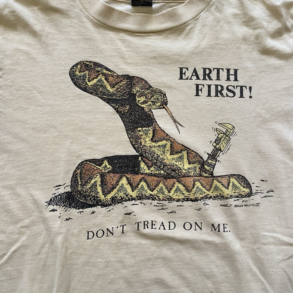 Vintage EARTH FIRST! 80s Tee Shirt Monkey Wrench Gang Ivory Medium Environmental - Picture 2 of 10